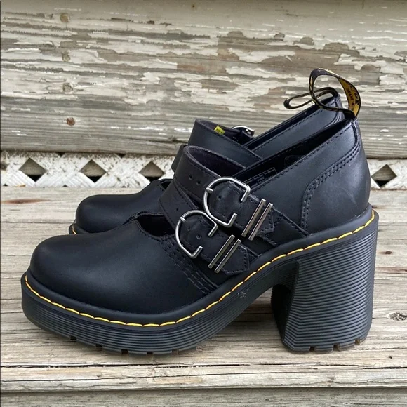 Dr. Martens Eviee Heeled Shoes in Black Sendal Leather Women's Size 6